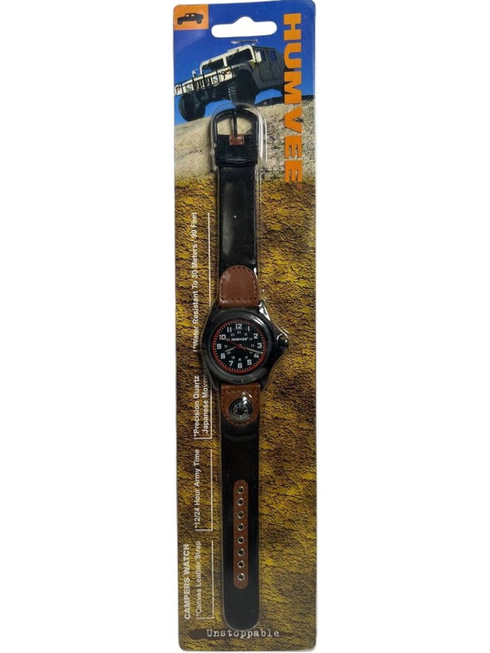 Humvee Campers Watch Compass Black Canvas Leather Strap Japanese Quartz NIB